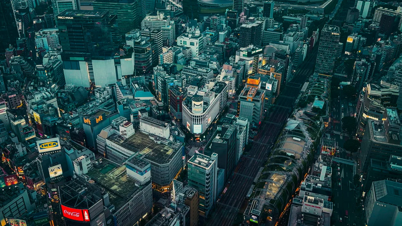 A dense city seen from high above at dusk, streets threading between rooftops, signs and lit windows.
